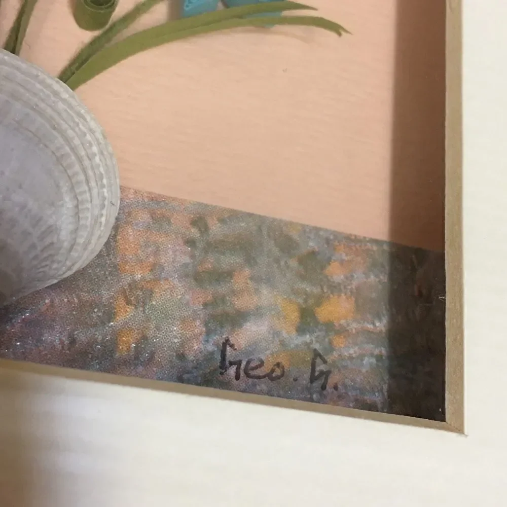 Quill Art Set Artist Signed Floral Shell Motif in Shadow Box - Picture 16 of 16